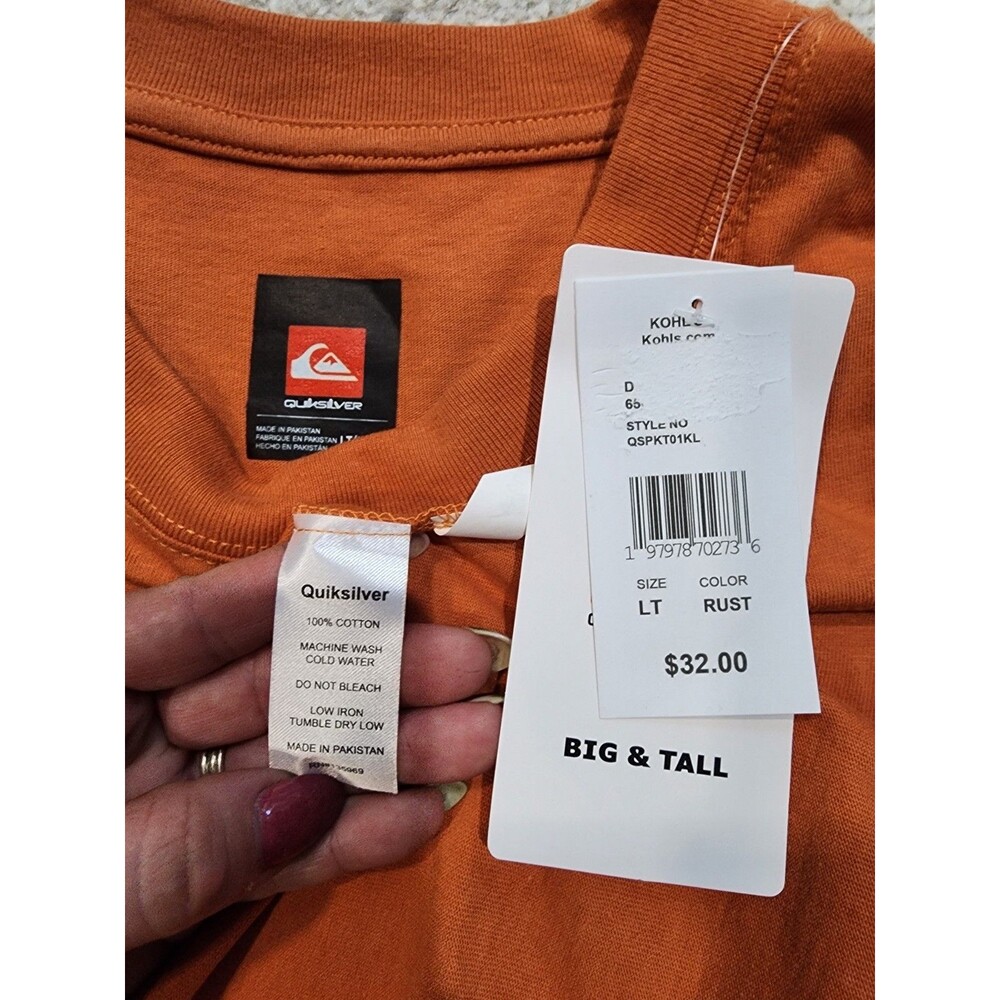 NEW Quiksilver Big & Tall Mens Active Pocket Tee LT Large Tall RUST Orange - Picture 5 of 6